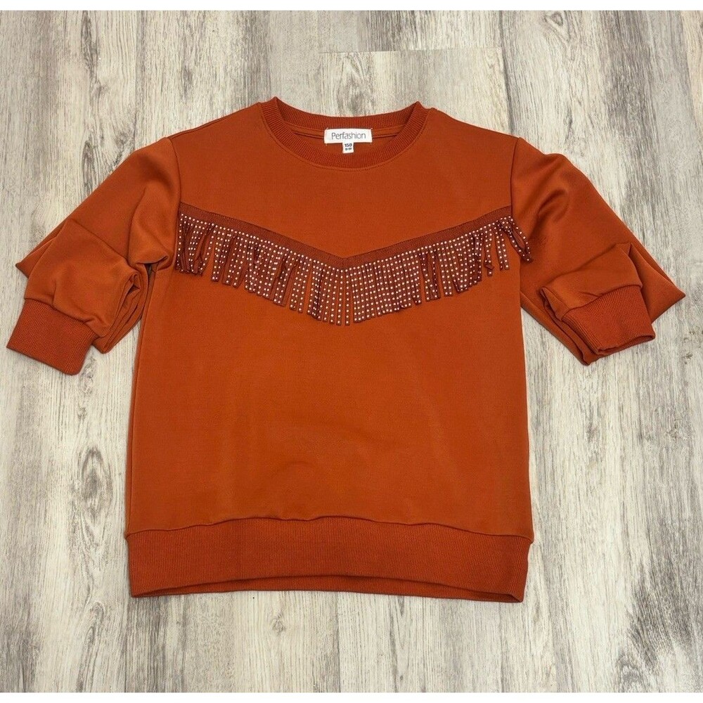 Perfashion Fringe Sweatshirt Womens Small S Orange Rhinestone Western Boho Top